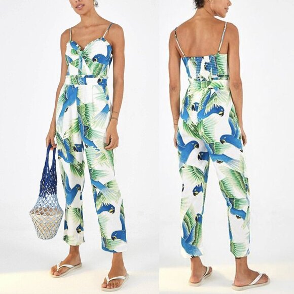 FARM Rio Pants - FARM Rio NWT Araras Parrot Print Smocked Linen Relaxed Fit White Jumpsuit, XS